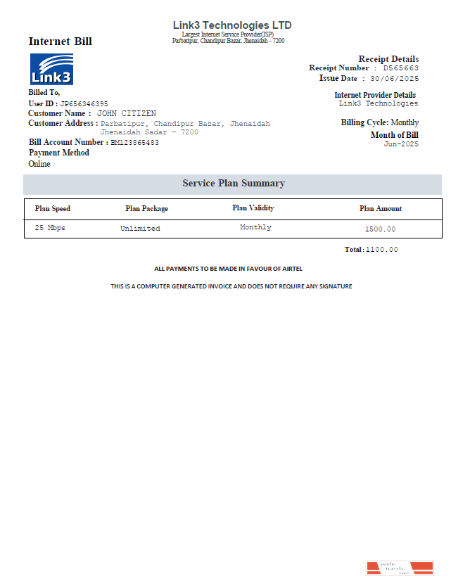 Bangladesh Link3 Technologies LTD utlity bill template in Word and PDF formats